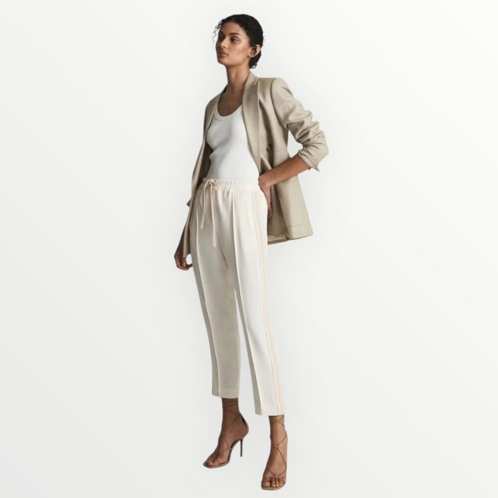 Reiss Tre Taper Side Stripe Pull On Trousers in Cream